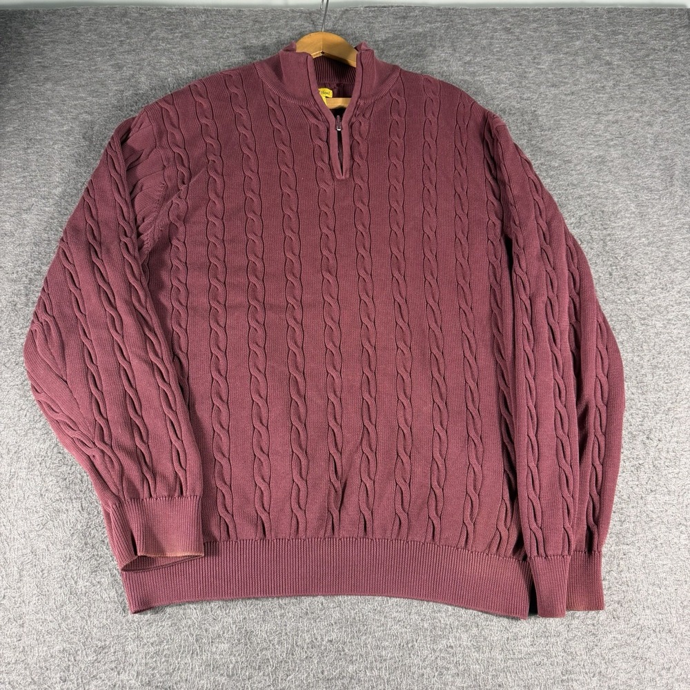 Men's 1/4 Zip Cable Knit Sweater Size XL  Burgundy 100% Cotton Fisherman Preppy